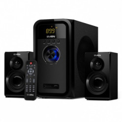 SVEN MS-2051 Black,  2.1 / 30W + 2x12.5W RMS, Bluetooth, FM-tuner, USB & SD card Input, Digital LED display, built-in clock, set the switch-off time, remote control, all wooden